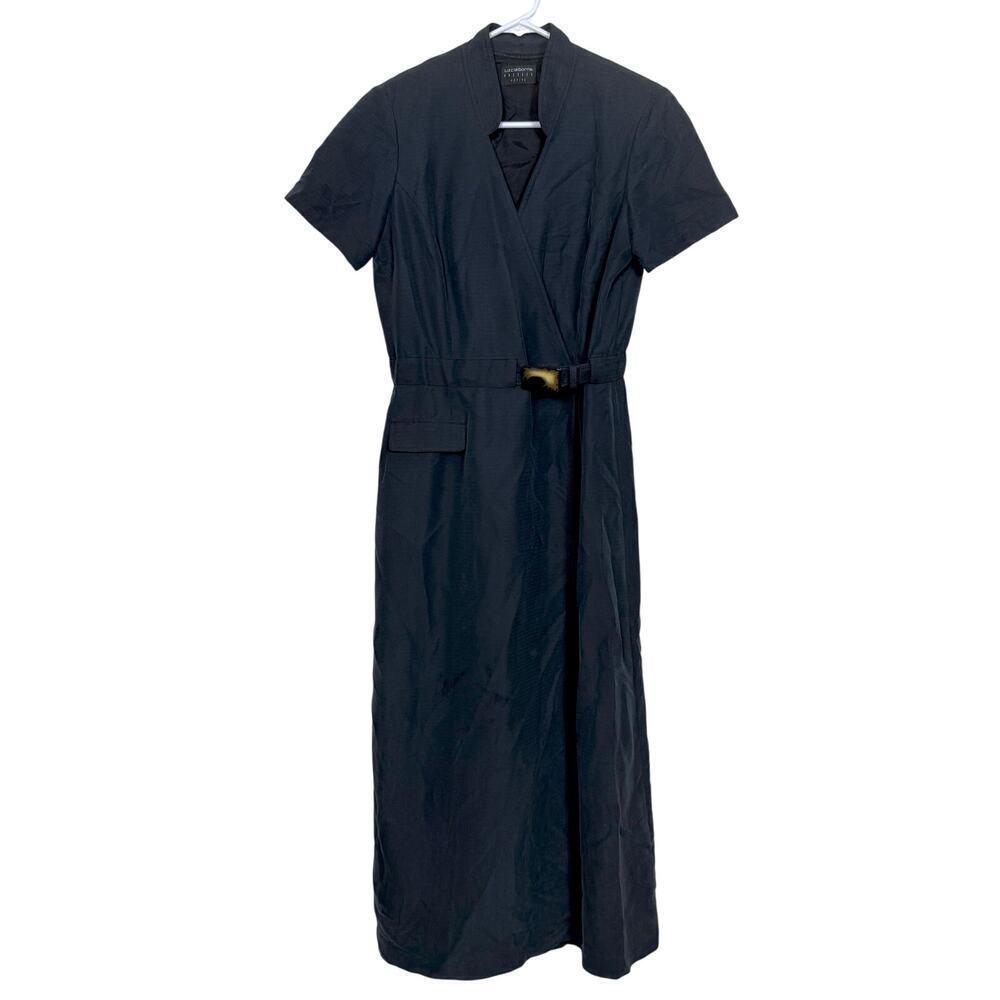 Vintage Liz Claiborne Wrap Dress Mandarin Collar 10 Petite Black Belted GUC